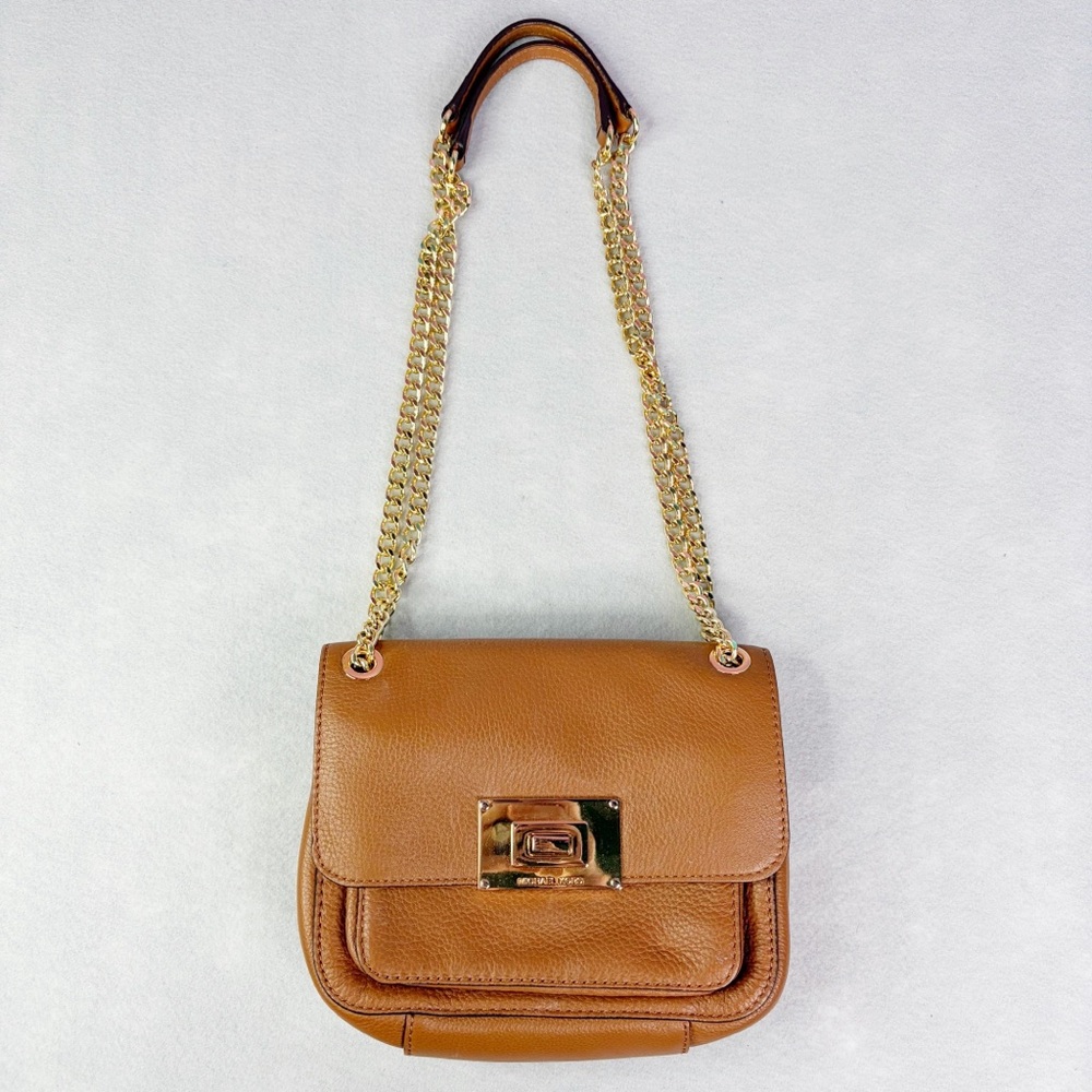 Michael Kors Sloan Leather Shoulder Bag Handbag Acorn Brown Gold Tone Chain